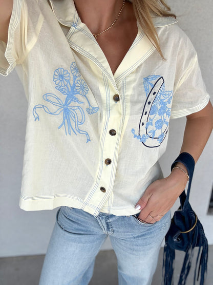 Floral & Ribbon Collared Blouse