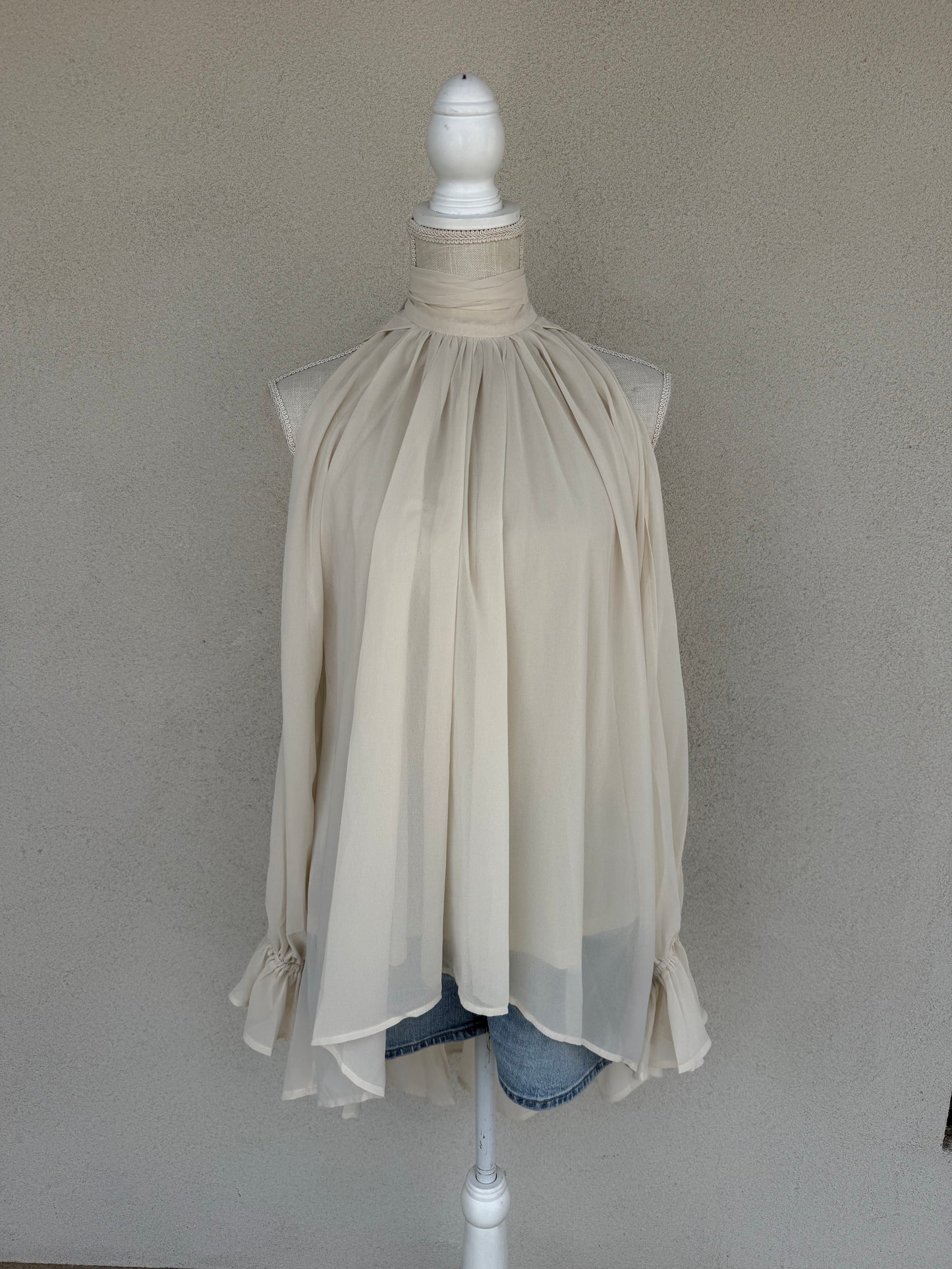 Chiffon Cold-Shoulder High-Low Top