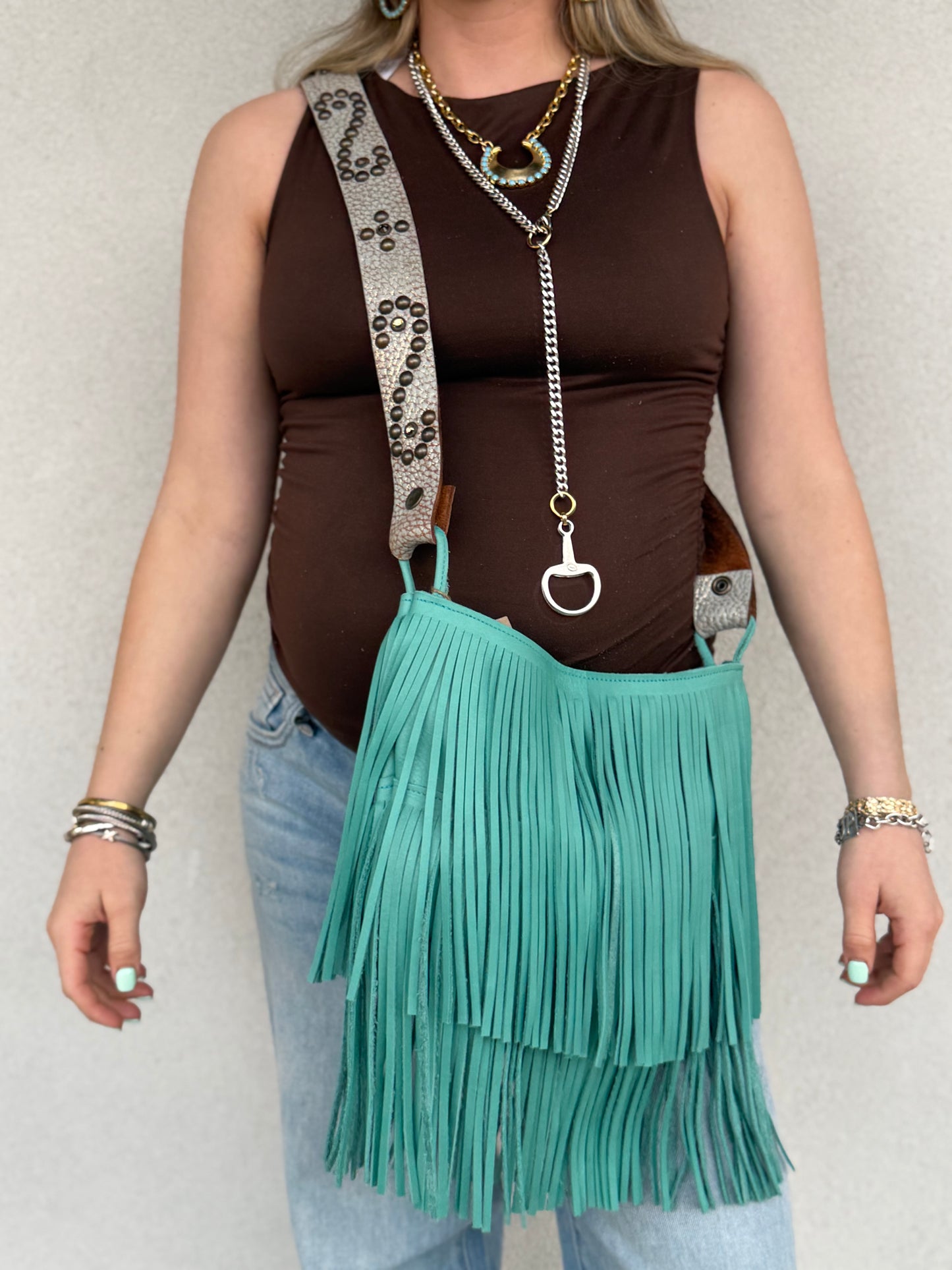 Two Bar West, Turquoise Two Row Fringe Medium size bag