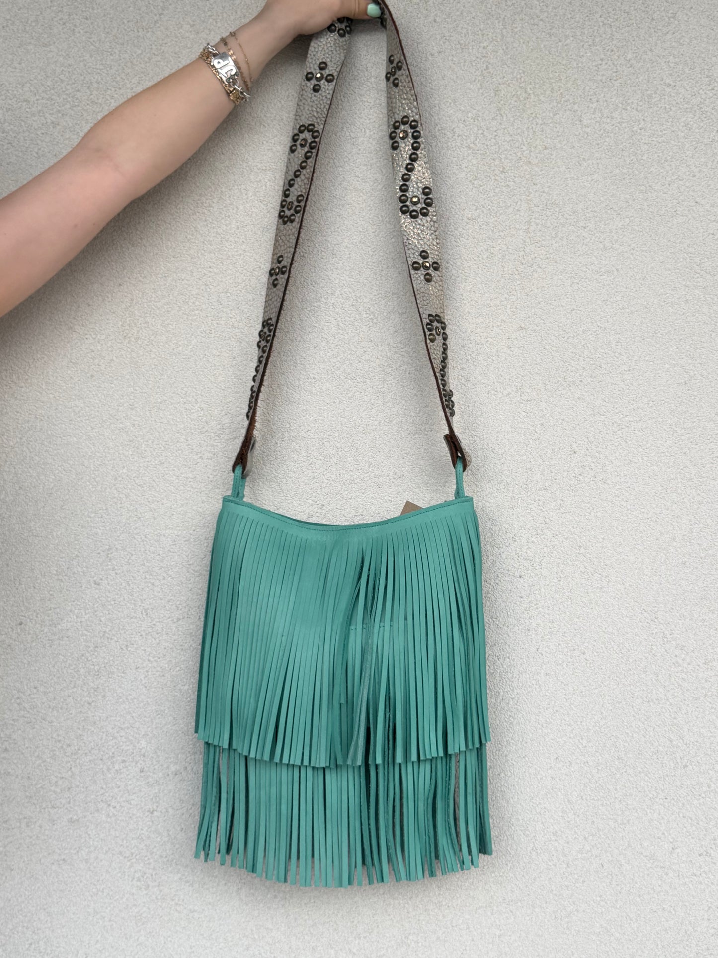 Two Bar West, Turquoise Two Row Fringe Medium size bag