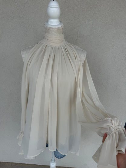 Chiffon Cold-Shoulder High-Low Top