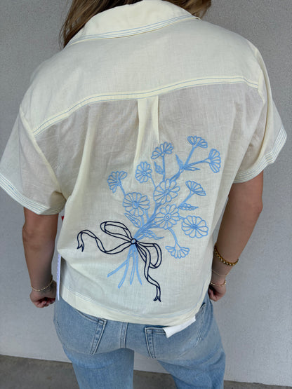 Floral & Ribbon Collared Blouse