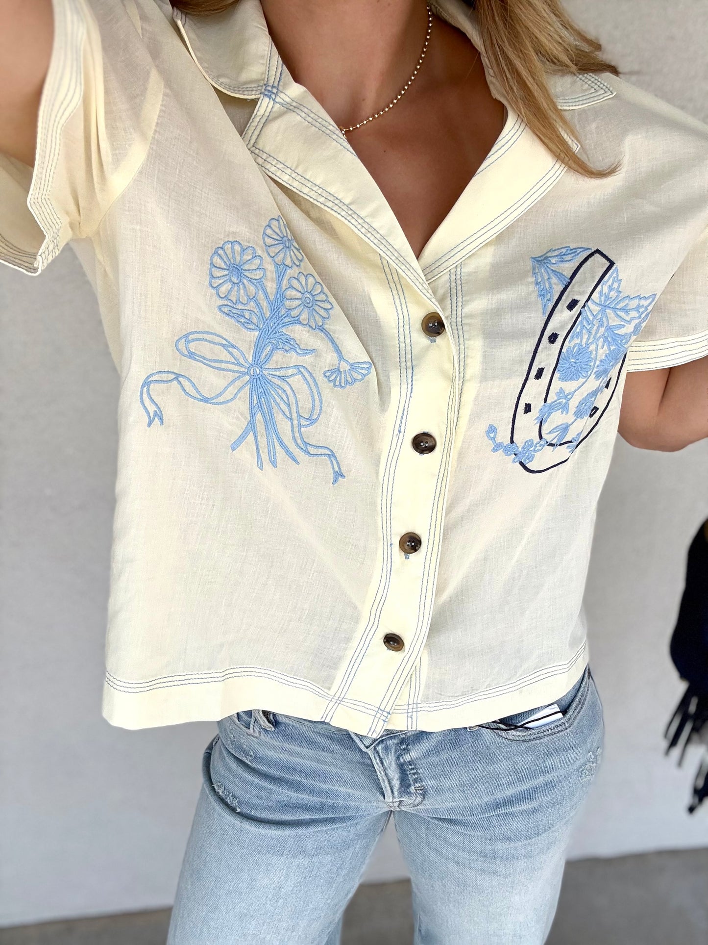 Floral & Ribbon Collared Blouse