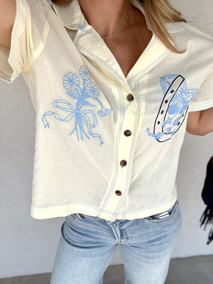 Floral & Ribbon Collared Blouse