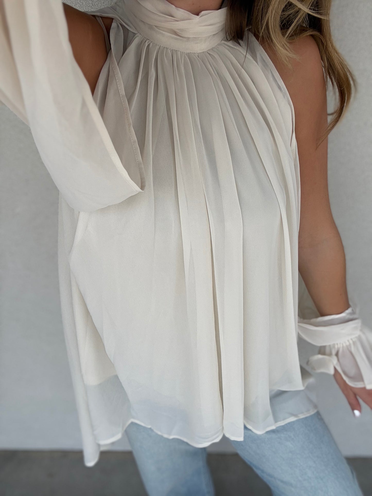 Chiffon Cold-Shoulder High-Low Top