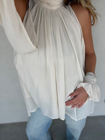 Chiffon Cold-Shoulder High-Low Top